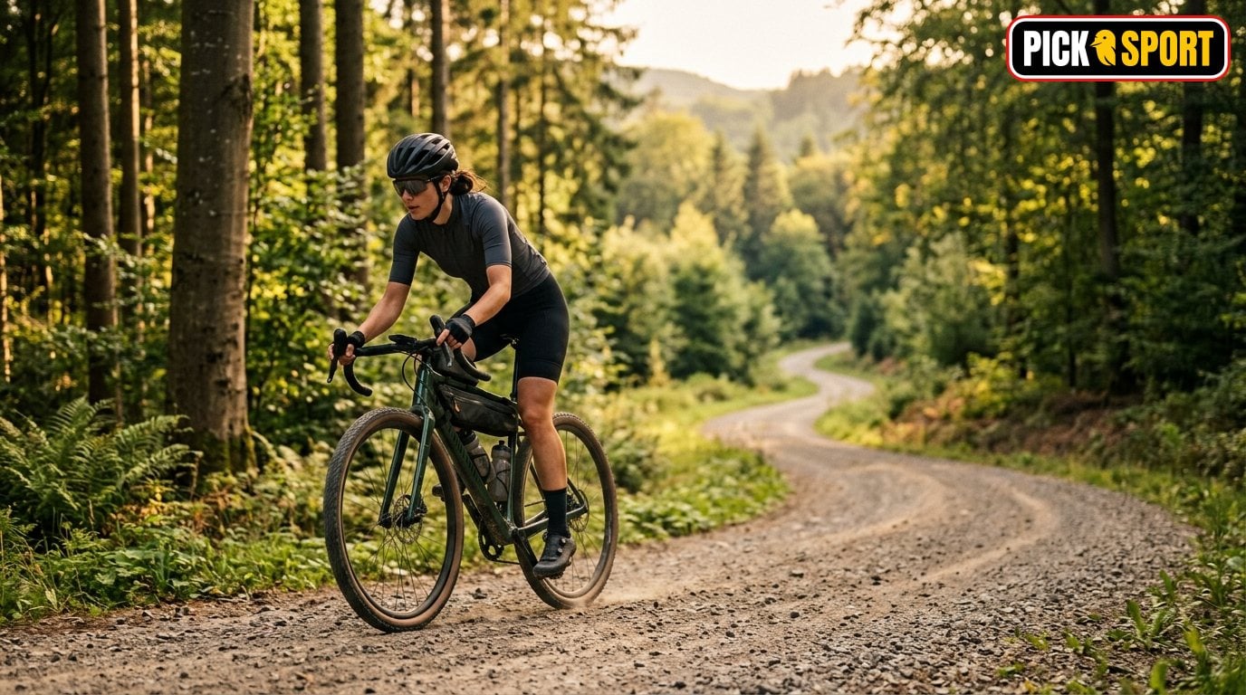 Gravelbike: Regeln, Technik und Training verständlich erklärt Ein Sportler fährt mit dem Gravelbike auf einem geschotterten Waldweg durch eine sonnige deutsche Waldlandschaft.