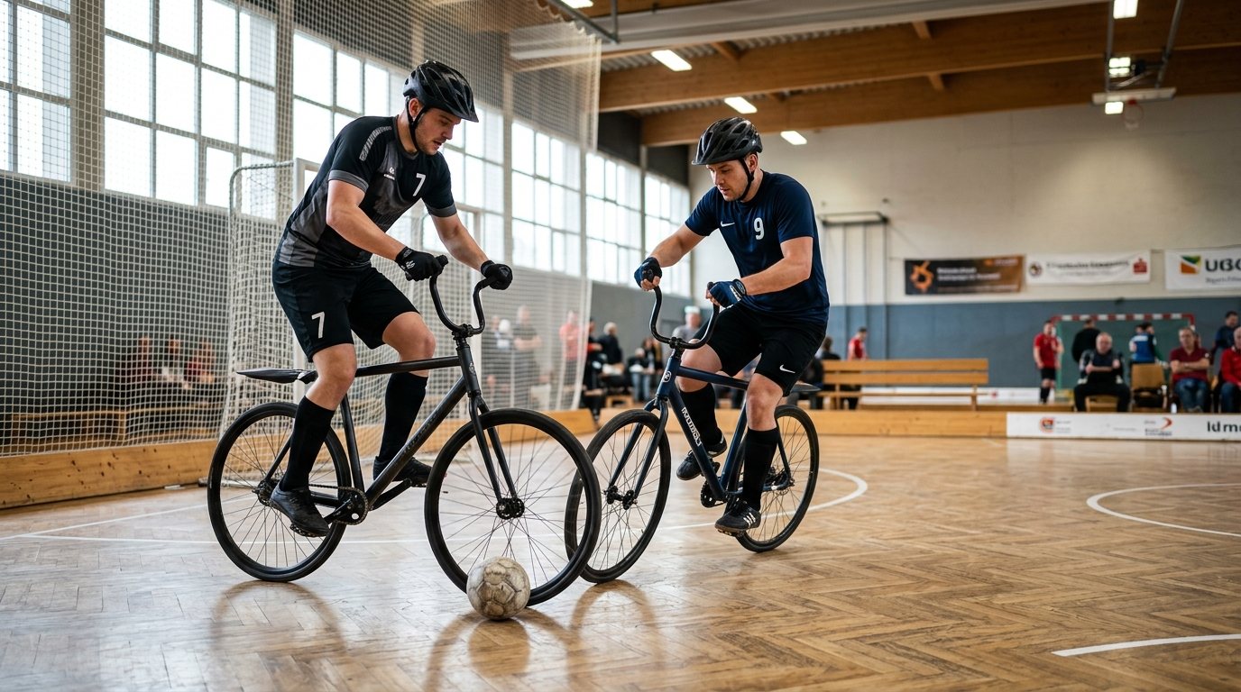 Zwei Sportler beim Radball-Training in der Halle: Fokus auf Technik, Balance und Ballführung am Spezialrad.