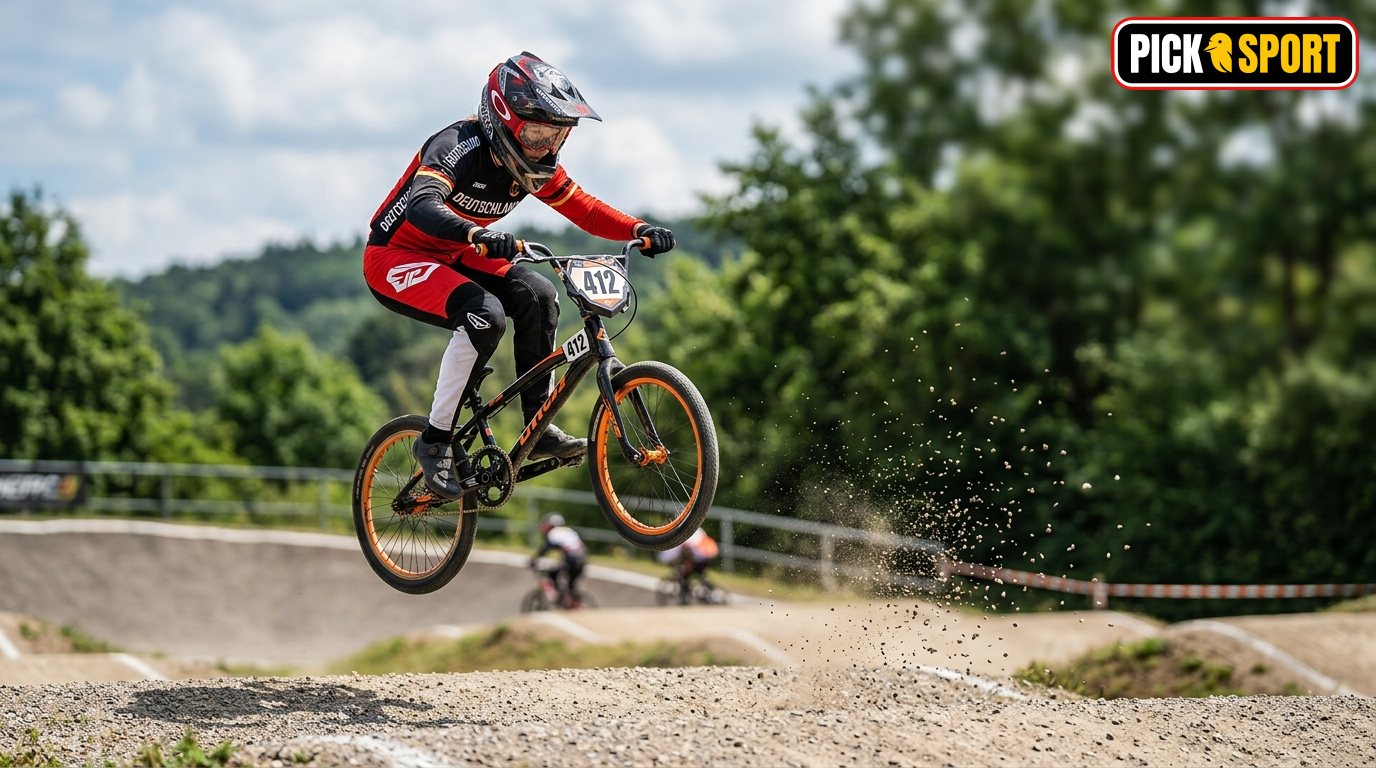 BMX Racing: Regeln, Technik und Training verständlich erklärt BMX Radrennfahrer springt bei einem Wettkampf über eine Hindernisstrecke auf einem Outdoor-Kurs.