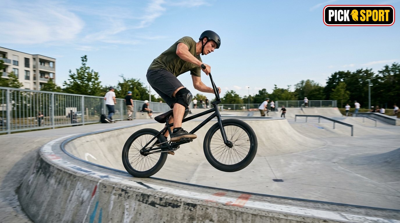 Ein BMX-Fahrer übt Tricks in einem modernen Skatepark als Teil des Trainings für BMX Freestyle.