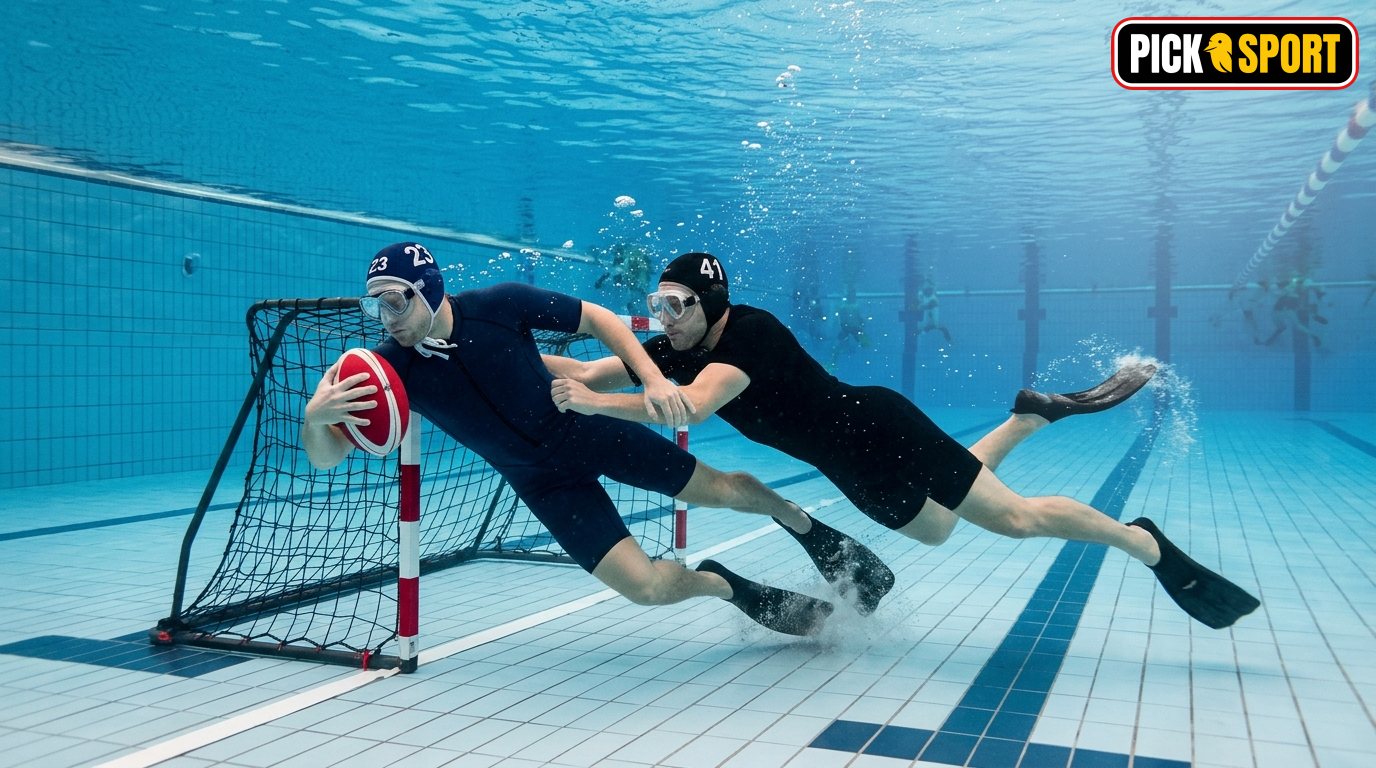 Zwei Unterwasserrugby-Spieler in Aktion unter Wasser bei einem taktischen Spielzug mit dem Ball am Beckenboden.