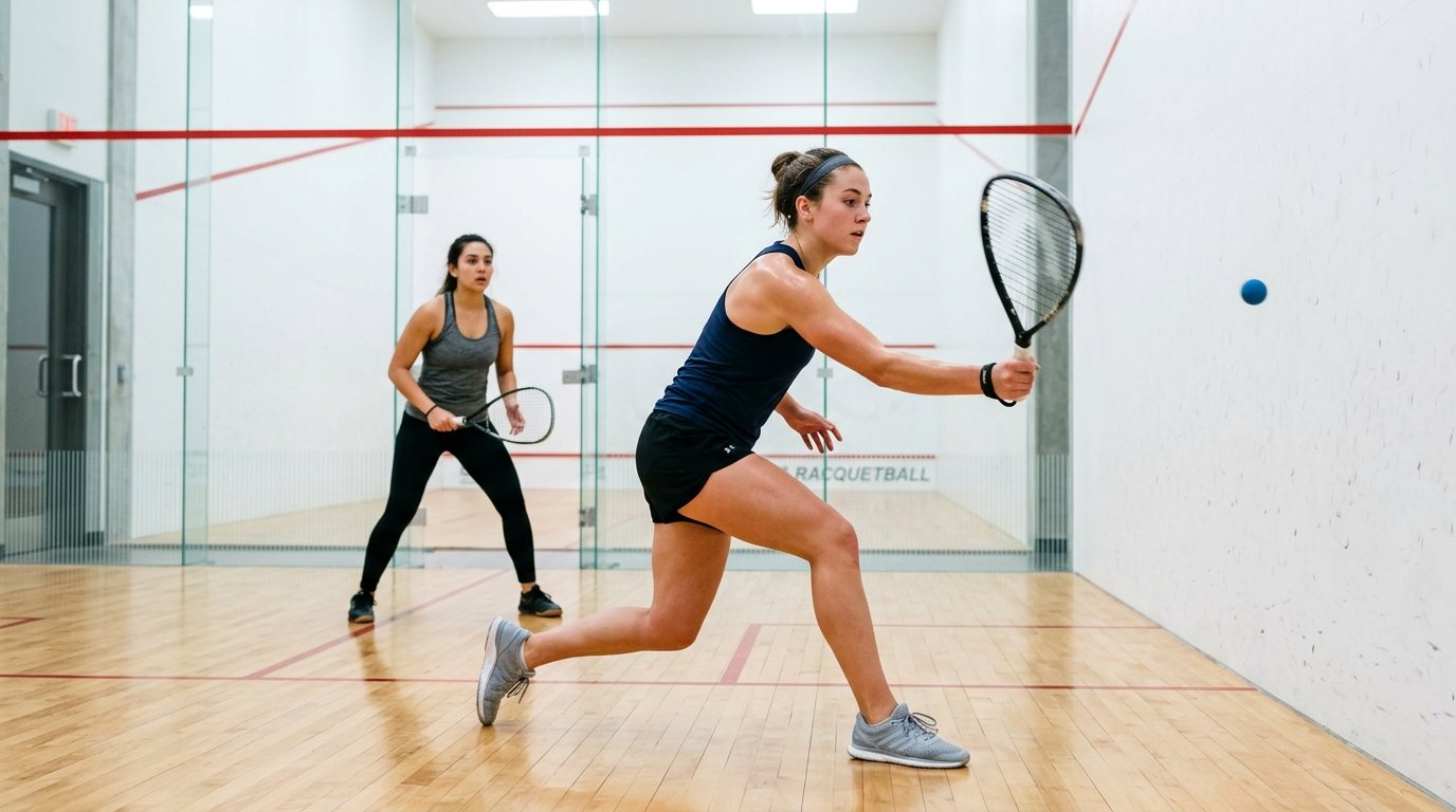 Zwei Personen beim Racquetball-Training in einem modernen Indoor-Court mit dynamischer Schlagbewegung.