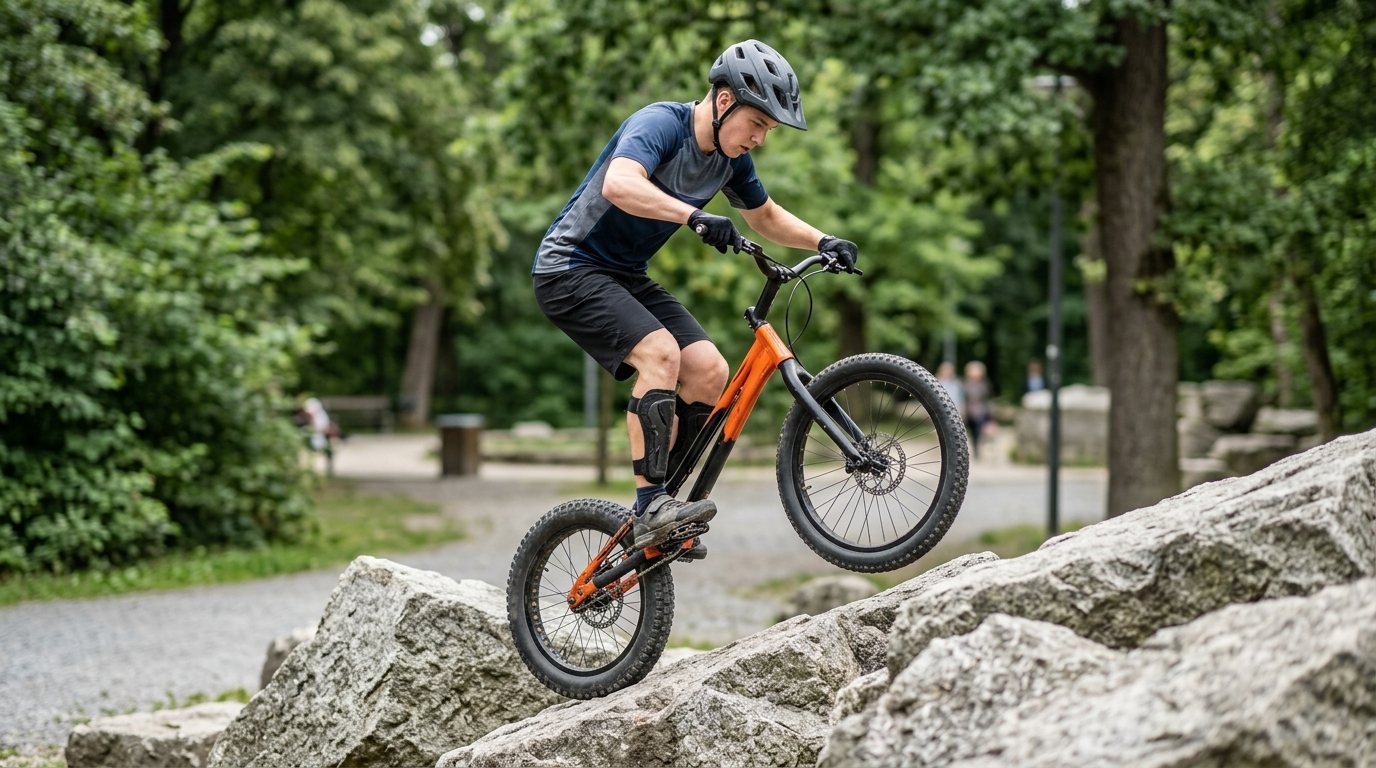 Trial-Biking Sportler balanciert auf einem Rad bei einer Technik-Übung im Freien.