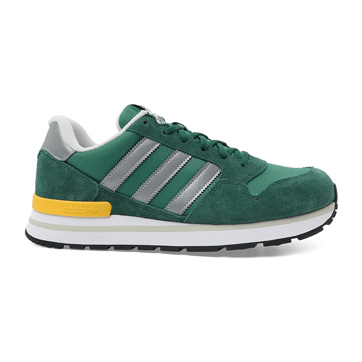 ADIDAS ZX 500 RS KI9813 in Grün – Seitenansicht auf weißem Hintergrund, Ferse links und Spitze rechts