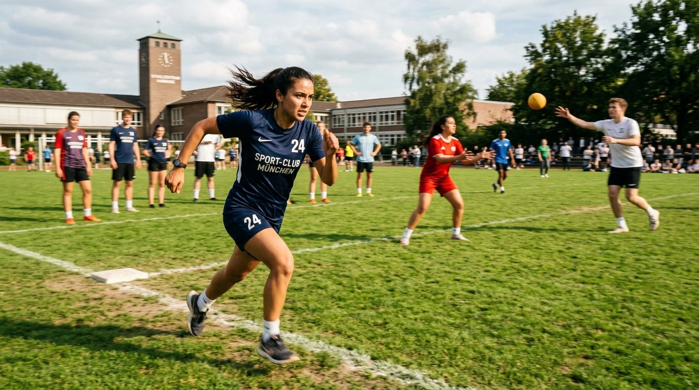 Gruppe von Jugendlichen beim Brennball spielen auf einem Sportplatz, fokusiert auf Lauftechnik und Teamspiel.