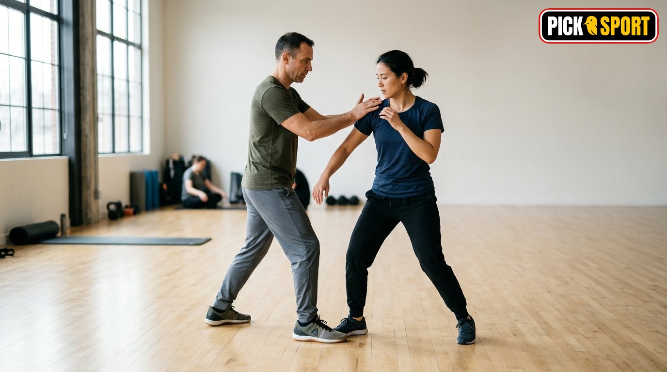 Zwei Personen trainieren Systema in einem modernen, hellen Sportraum mit Fokus auf natürliche Bewegungsabläufe und Konzentrat