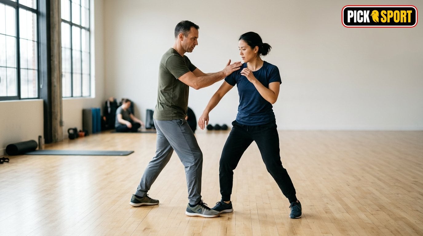 Systema: Regeln, Technik und Training verständlich erklärt Zwei Personen trainieren Systema in einem modernen, hellen Sportraum mit Fokus auf natürliche Bewegungsabläufe und Konzentrat