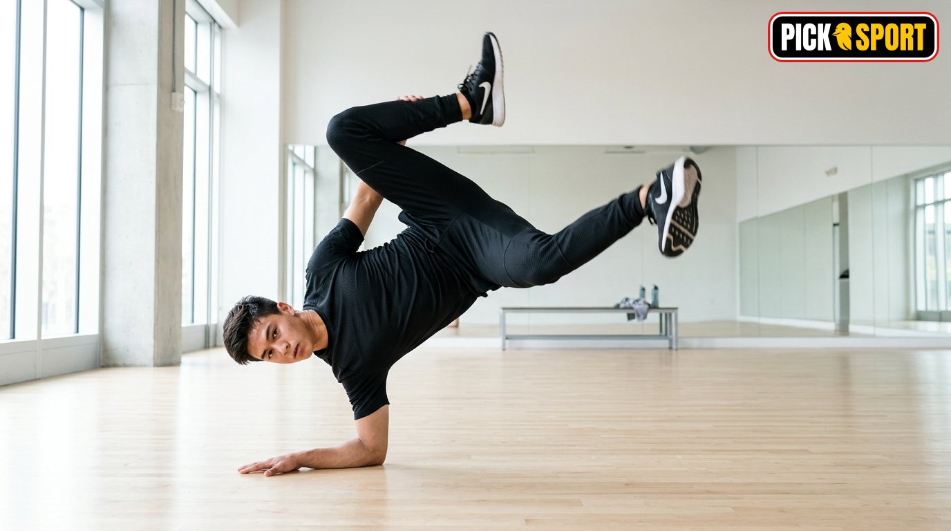 Athlet beim Breakdance Training in einem modernen Sportstudio mit Fokus auf Bewegungsabläufe und Technik.