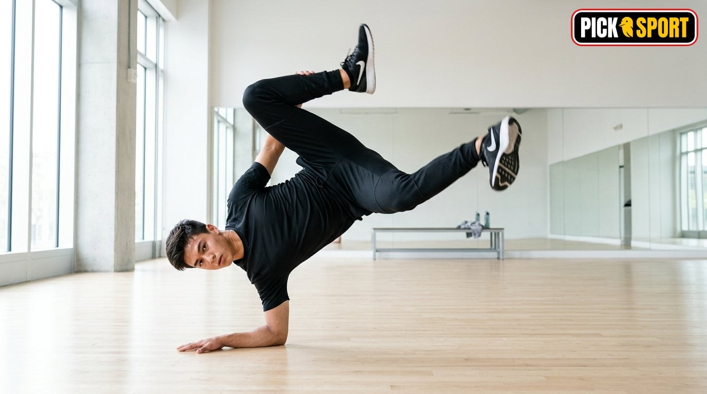 Breakdance/Breaking: Regeln, Technik und Training verständlich erklärt Athlet beim Breakdance Training in einem modernen Sportstudio mit Fokus auf Bewegungsabläufe und Technik.
