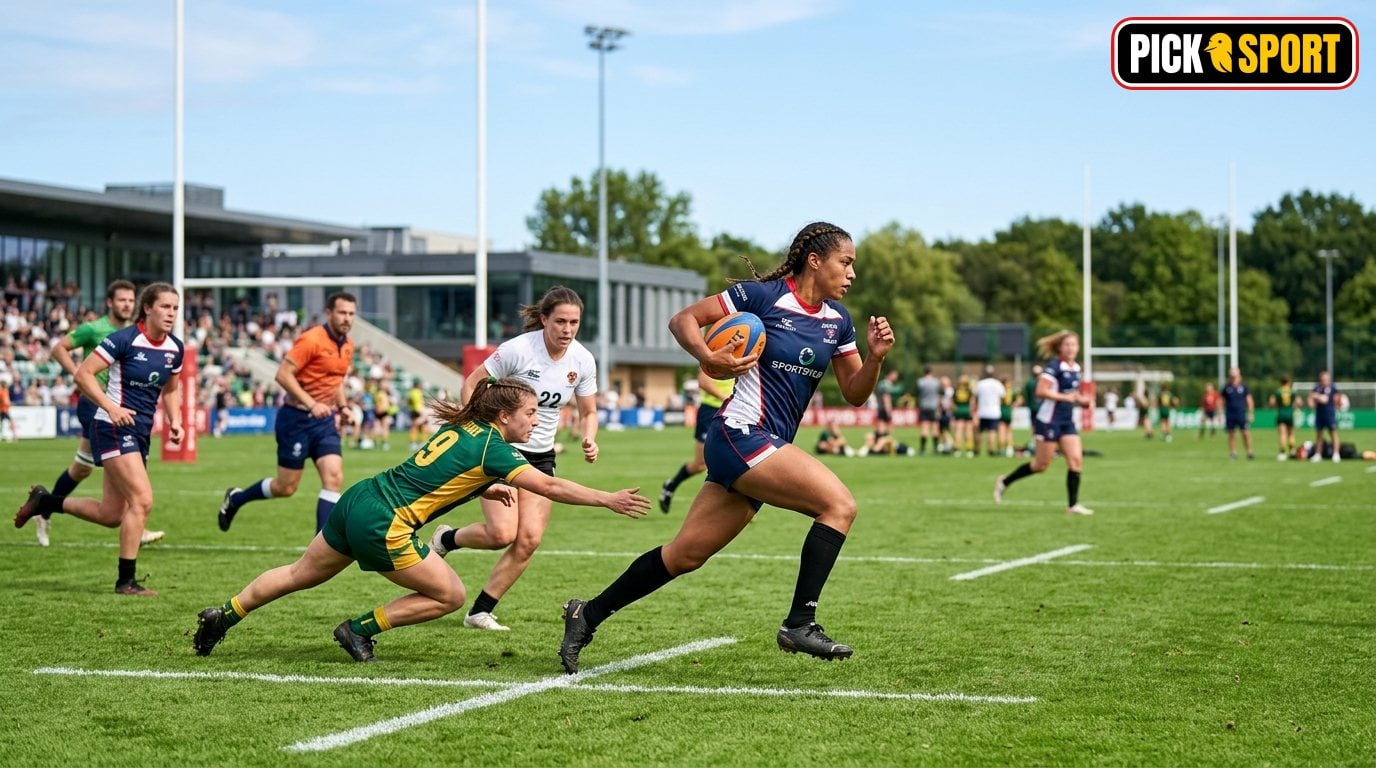 Rugby Sevens: Regeln, Technik und Training verständlich erklärt Rugby Sevens Action: Athleten im Training beim schnellen Spielaufbau auf einem grünen Sportplatz.
