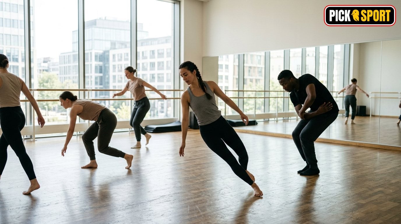 Modern Dance: Regeln, Technik und Training verständlich erklärt Modern Dance Training: Gruppe von Tänzern bei einer Bewegungssequenz im hellen Studio.