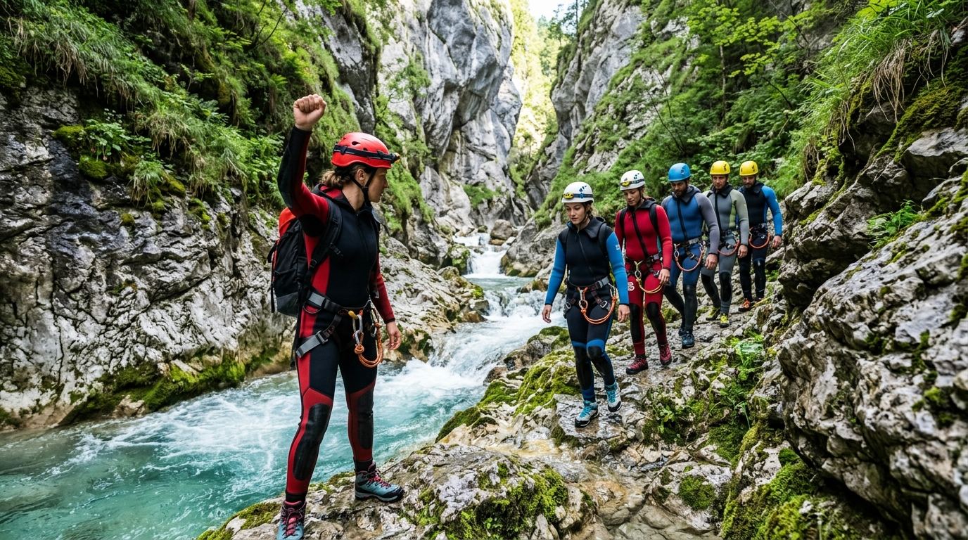 Canyoning-Gruppe mit Guide in einer Schlucht bei der technischen Einweisung für ein sicheres Abenteuer.