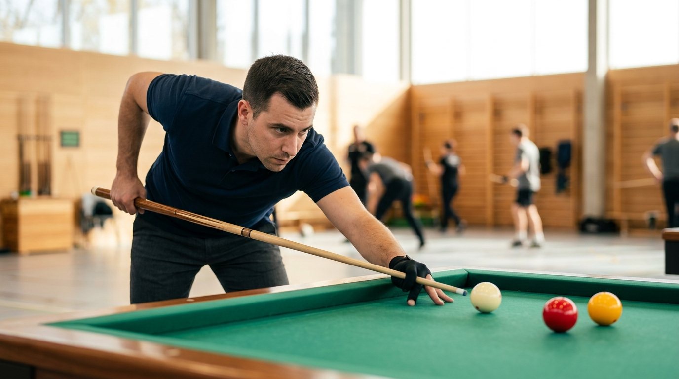 Person beim konzentrierten Carambolage-Training an einem Billardtisch mit korrekter Stoßhaltung.