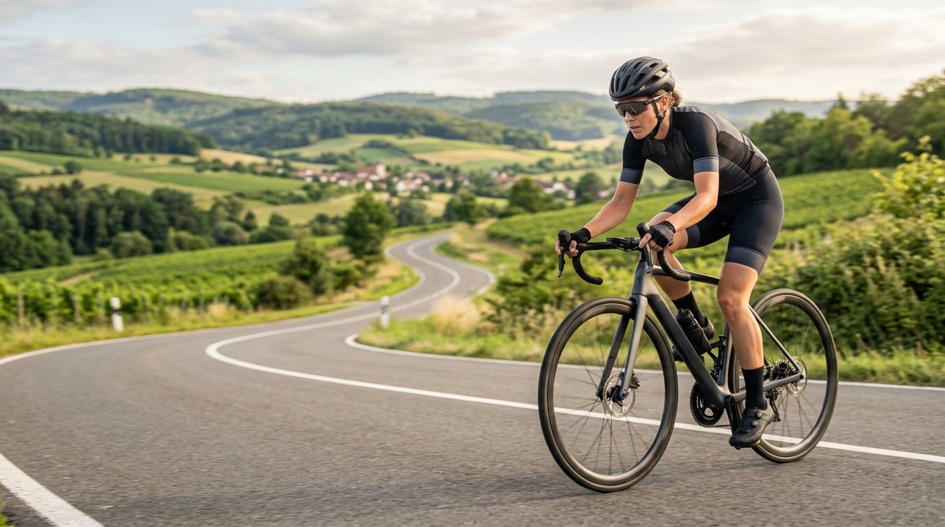 Cyclist in motion on a rural road, representing focus and technique in long-distance cycling training.