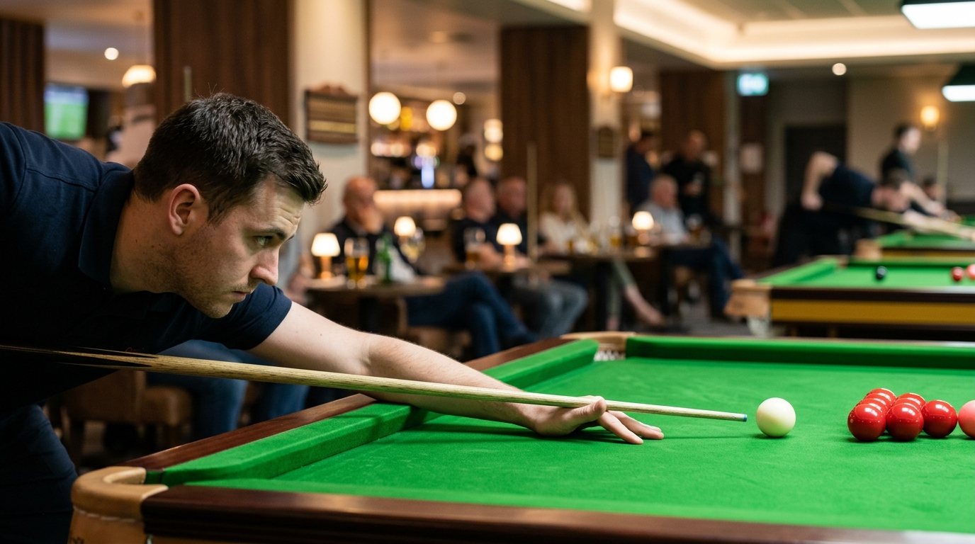 Snooker Spieler in konzentrierter Haltung beim Zielen am grünen Snookertisch im Training.