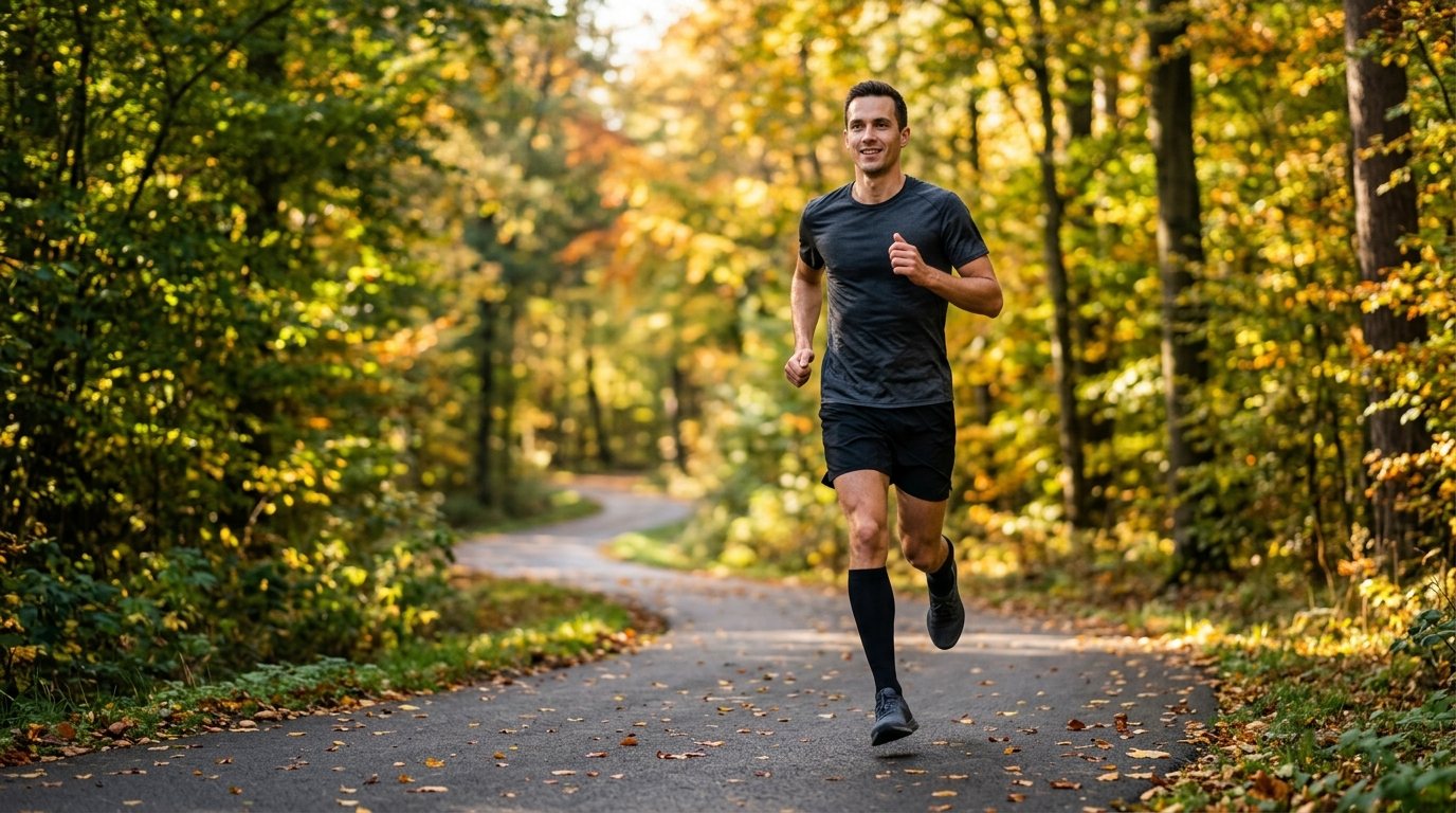 Läufer in korrekter Technik auf einem Waldweg zur Vorbereitung auf den Halbmarathon