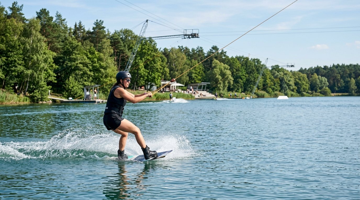 Wakeboarder beim Training in einem Cablepark in europäischer Umgebung