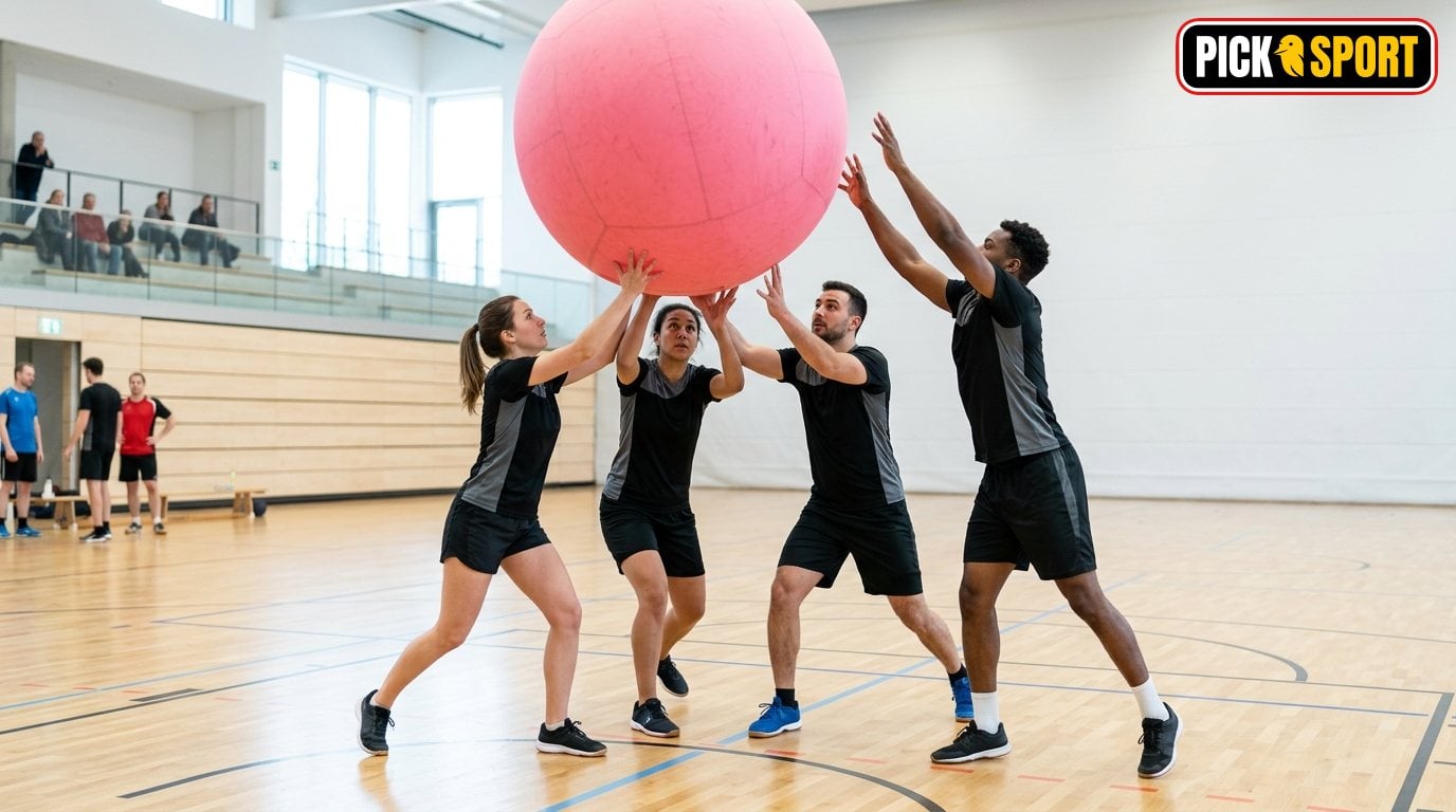 Kin-Ball: Regeln, Technik und Training verständlich erklärt Kin-Ball Team bei der Ballkontrolle in einer Sporthalle – Spielregeln und Technik im Fokus