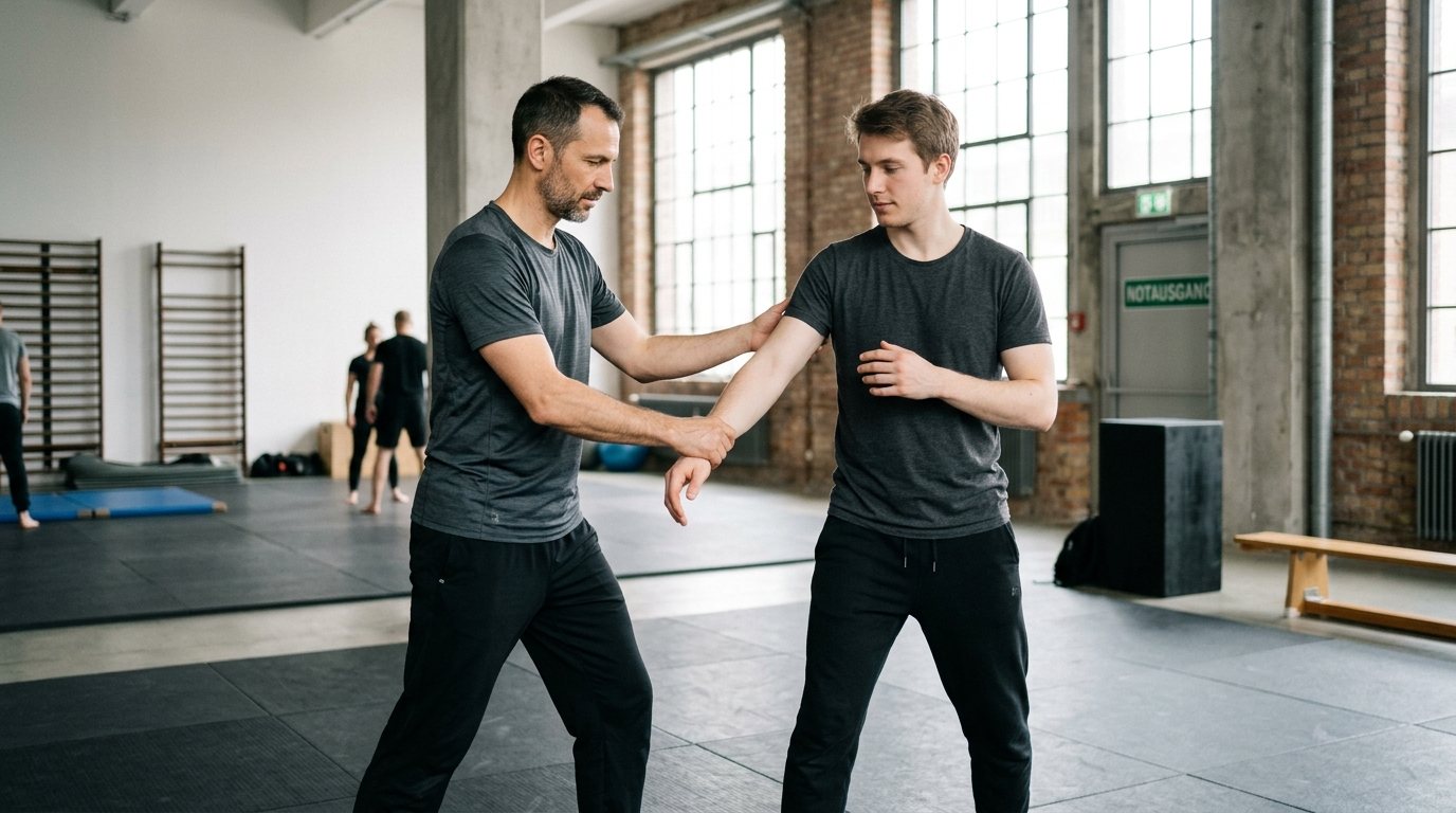 Zwei Personen beim entspannten Systema-Partnertraining in einer modernen Trainingshalle.