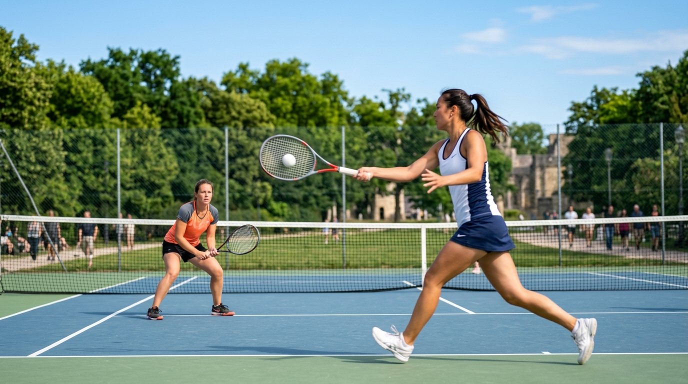 Zwei Personen spielen bei einem Soft Tennis Match auf einem modernen Außenplatz mit Fokus auf Technik.