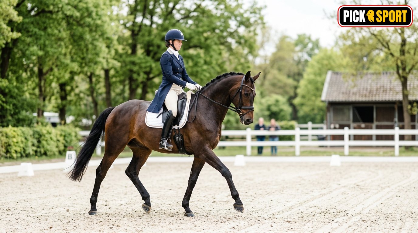 Dressurreiten: Regeln, Technik und Training verständlich erklärt Ein Reiter und ein Pferd in einer Dressurprüfung auf einem Außenplatz, Fokus auf Technik und harmonisches Training.