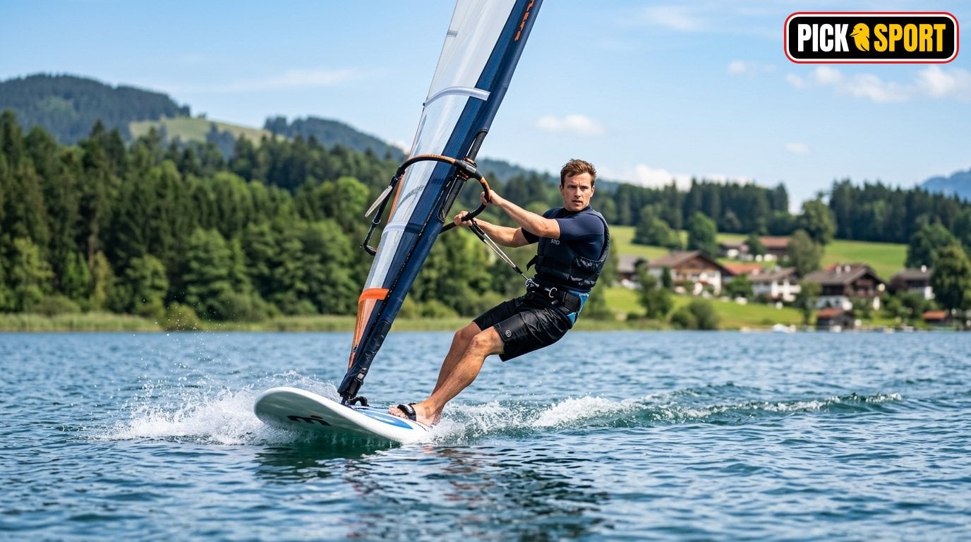 Windsurfen: Regeln, Technik und Training verständlich erklärt Windsurfer beim Training auf einem See an einem sonnigen Sommertag, Fokus auf Technik und Balance im Wassersport.
