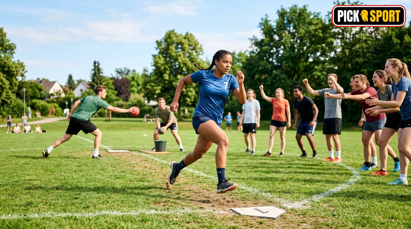 Gruppe von Freunden spielt Brennball auf einem Sportplatz – Fokus auf Bewegung, Lauftechnik und Teamgeist.