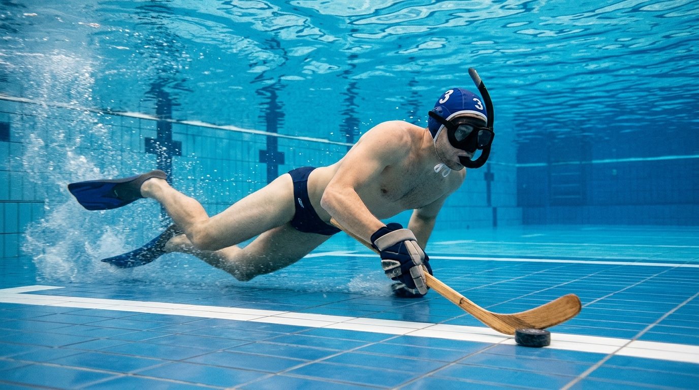 Unterwasserhockey-Spieler in Aktion unter Wasser bei der Puckführung am Beckenboden.