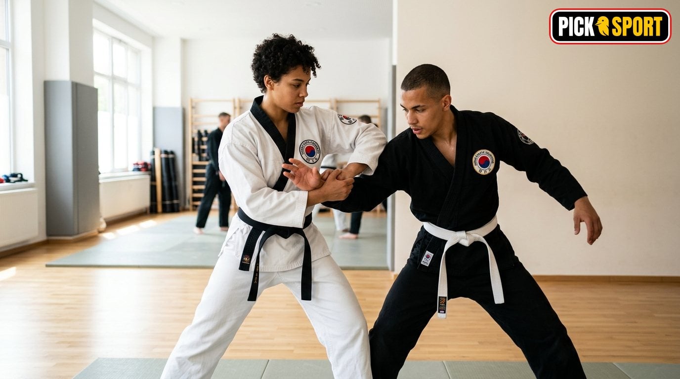 Hapkido: Regeln, Technik und Training verständlich erklärt Zwei Personen beim Hapkido-Training in einem modernen Sportstudio mit Fokus auf eine kontrollierte Technik.