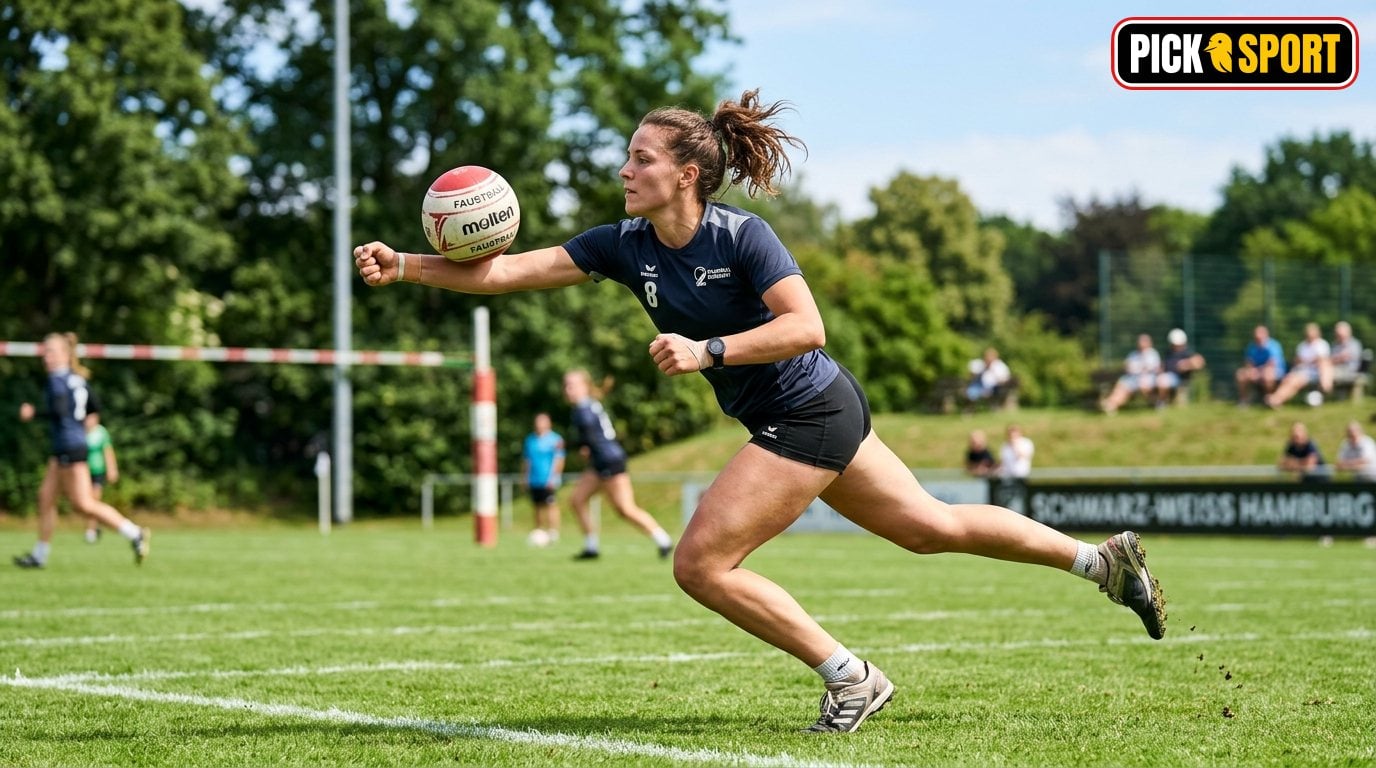 Faustball: Regeln, Technik und Training verständlich erklärt Dynamische Faustball-Szene auf dem grünen Spielfeld: Spieler bei der Ausführung eines Angriffsschlags mit der Faust.