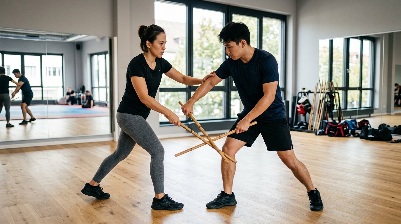 Zwei Personen beim Eskrima-Training mit Rattanstöcken in einer modernen Sport-Halle.