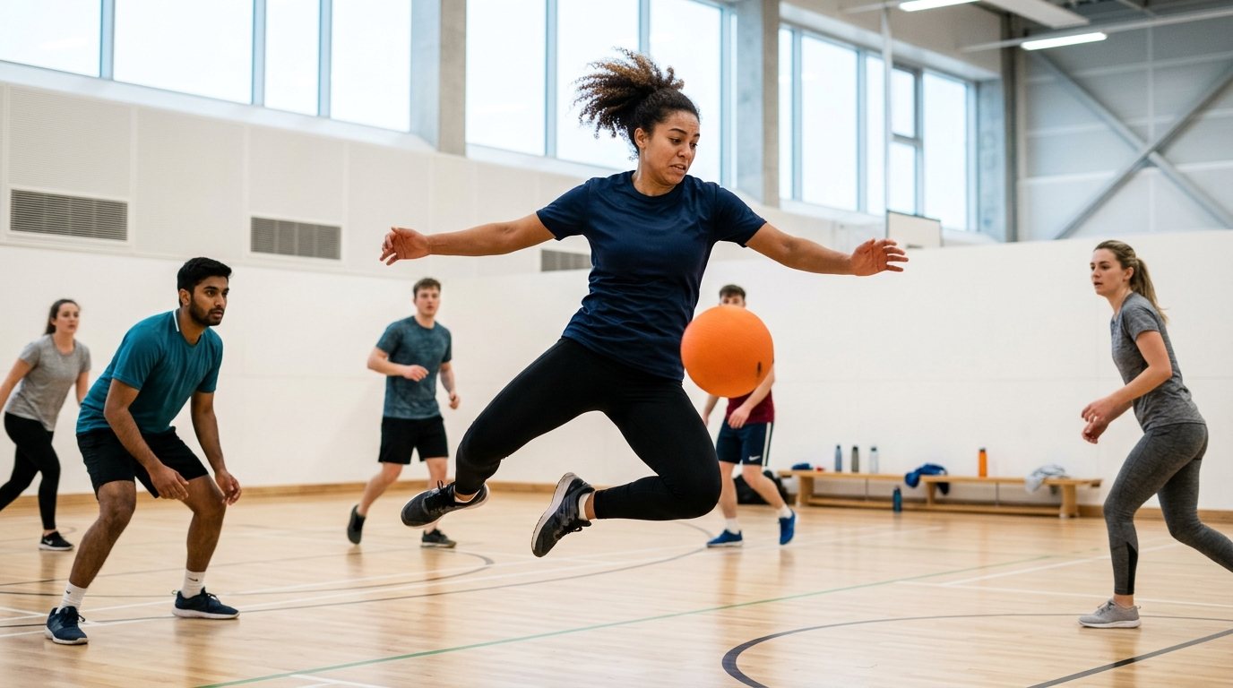Dynamische Völkerball-Spielszene in einer modernen Sporthalle mit aktiven Spielern.