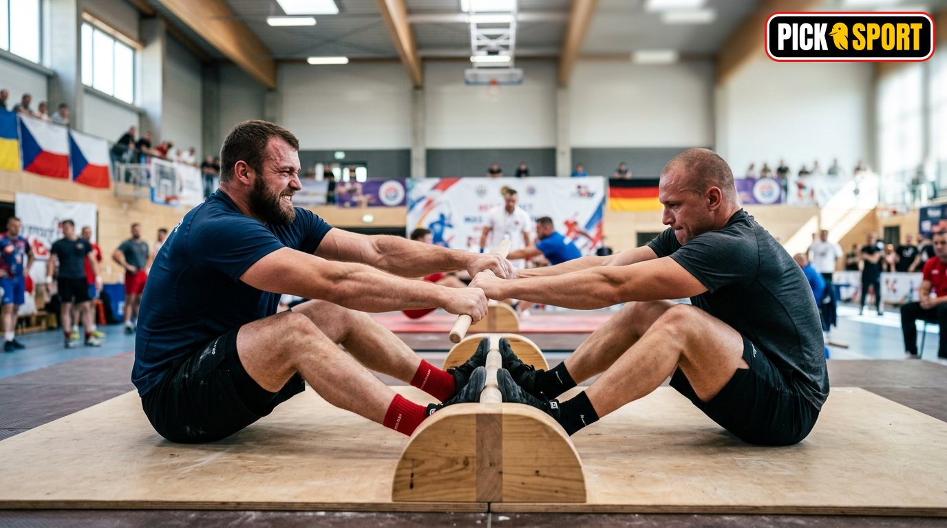 Zwei Athleten beim Mas-Wrestling Wettkampf: Fokus auf Technik, Regeln und Kraft in einer modernen Sporthalle.