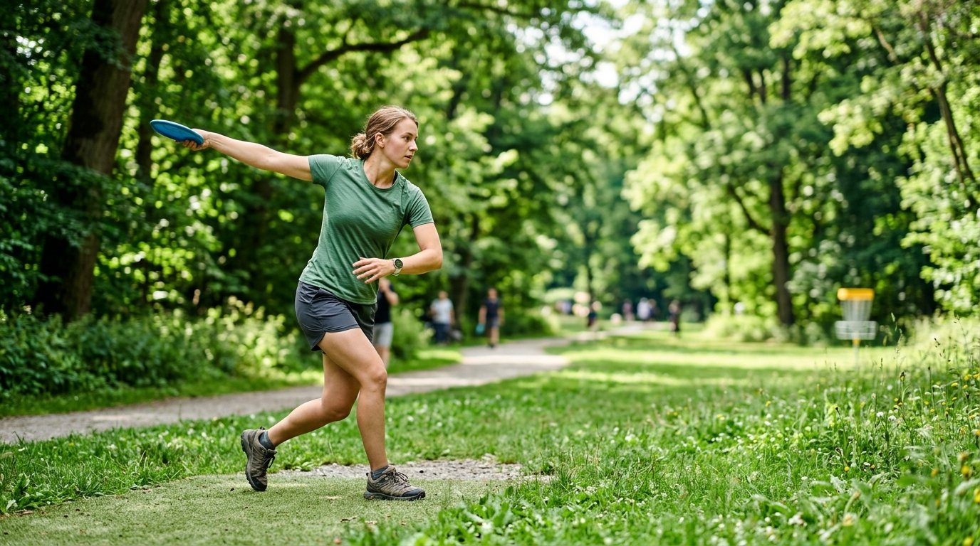 Person beim Discgolf-Wurf im Park: Fokus auf Technik und Bewegung im Grünen