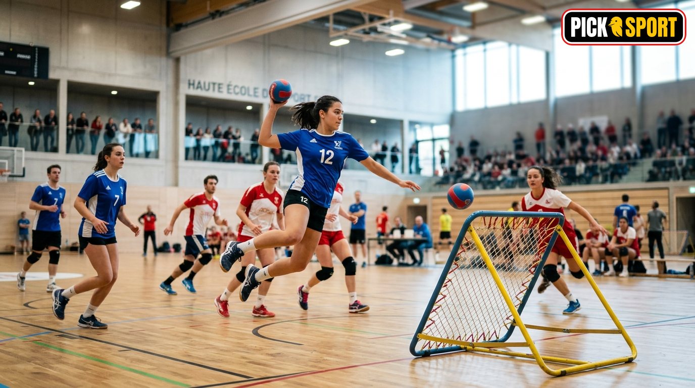 Team beim Tchoukball in einer modernen Halle: Dynamische Szene mit Fokus auf Wurftechnik und Bewegung.