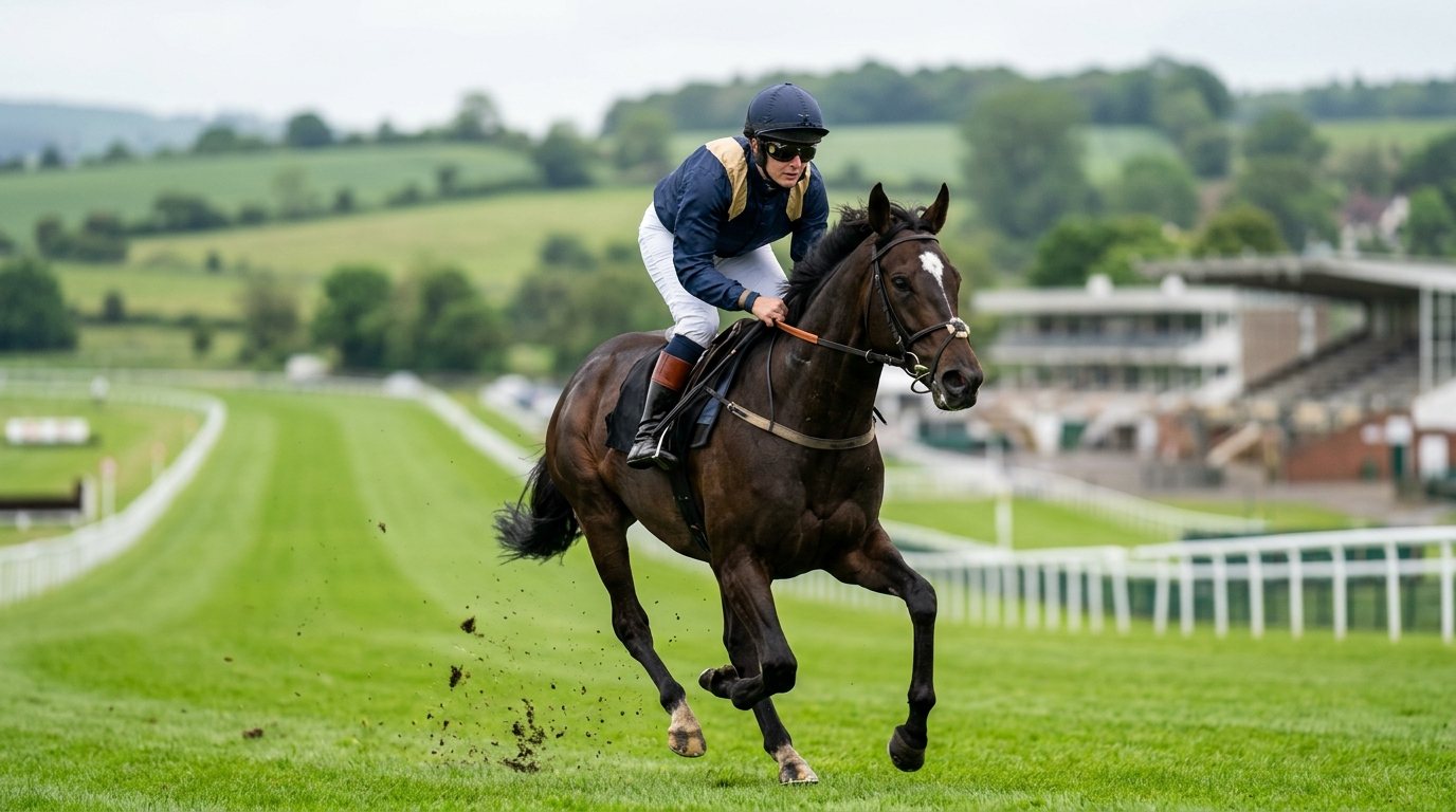 Jockey beim Training auf einer Pferderennbahn, Fokus auf Technik und Balance im Galopp