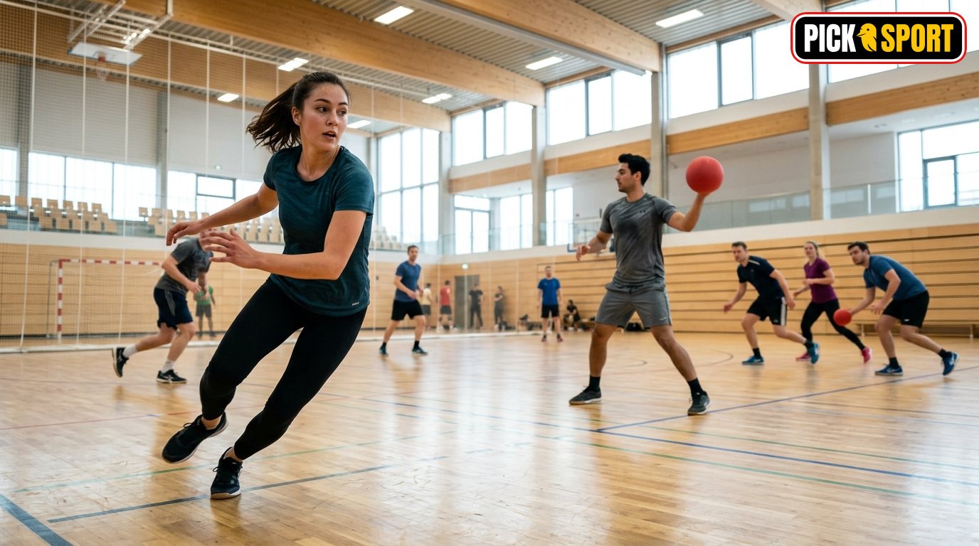 Dynamische Dodgeball-Szene in einer modernen Sporthalle mit Spielern in Bewegung beim Ausweichen und Werfen.