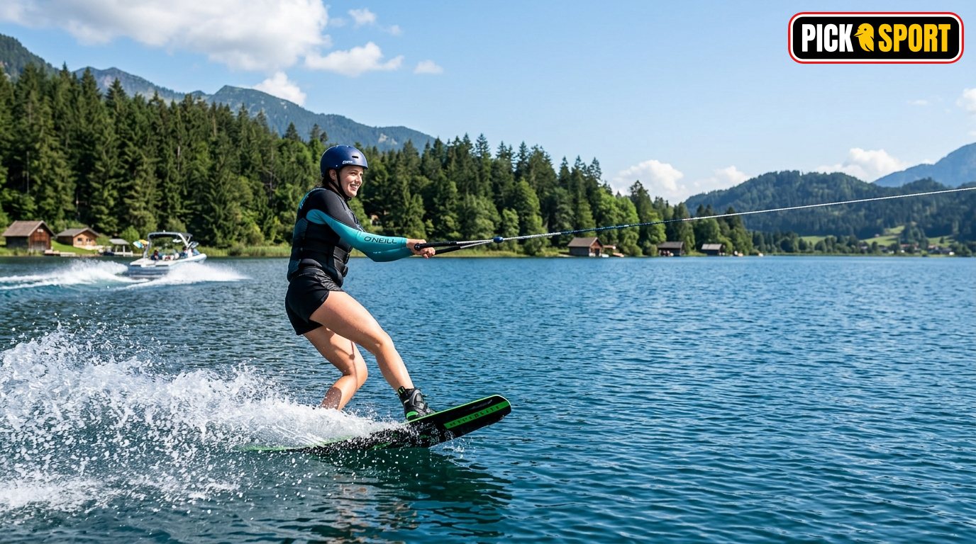 Wakeboarder in Aktion auf einem See bei sonnigem Wetter - Sportart Wakeboarden Regeln, Technik und Training für Einsteiger