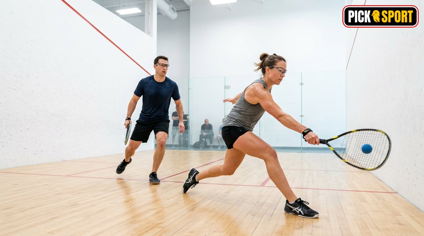 Zwei Sportler beim Racquetball-Training in einer modernen Halle: Dynamische Bewegung, Fokus auf Technik und Spieltaktik.