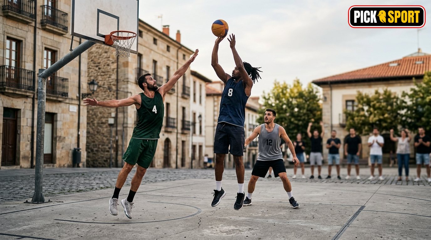 3x3-Basketball: Regeln, Technik und Training verständlich erklärt Drei Personen beim 3x3 Basketball Training auf einem urbanen Outdoor-Court, Fokus auf Technik und Bewegung.