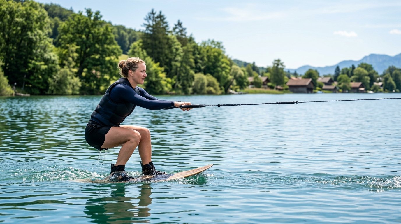 Person bereitet sich beim Wasserski auf den Start vor: Körperhaltung und Technik beim Wasserski am See.