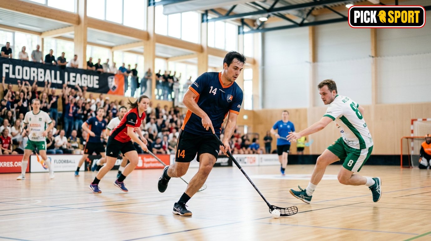 Actionreiche Floorball-Szene in einer modernen Sporthalle mit Athleten bei der Ballführung.