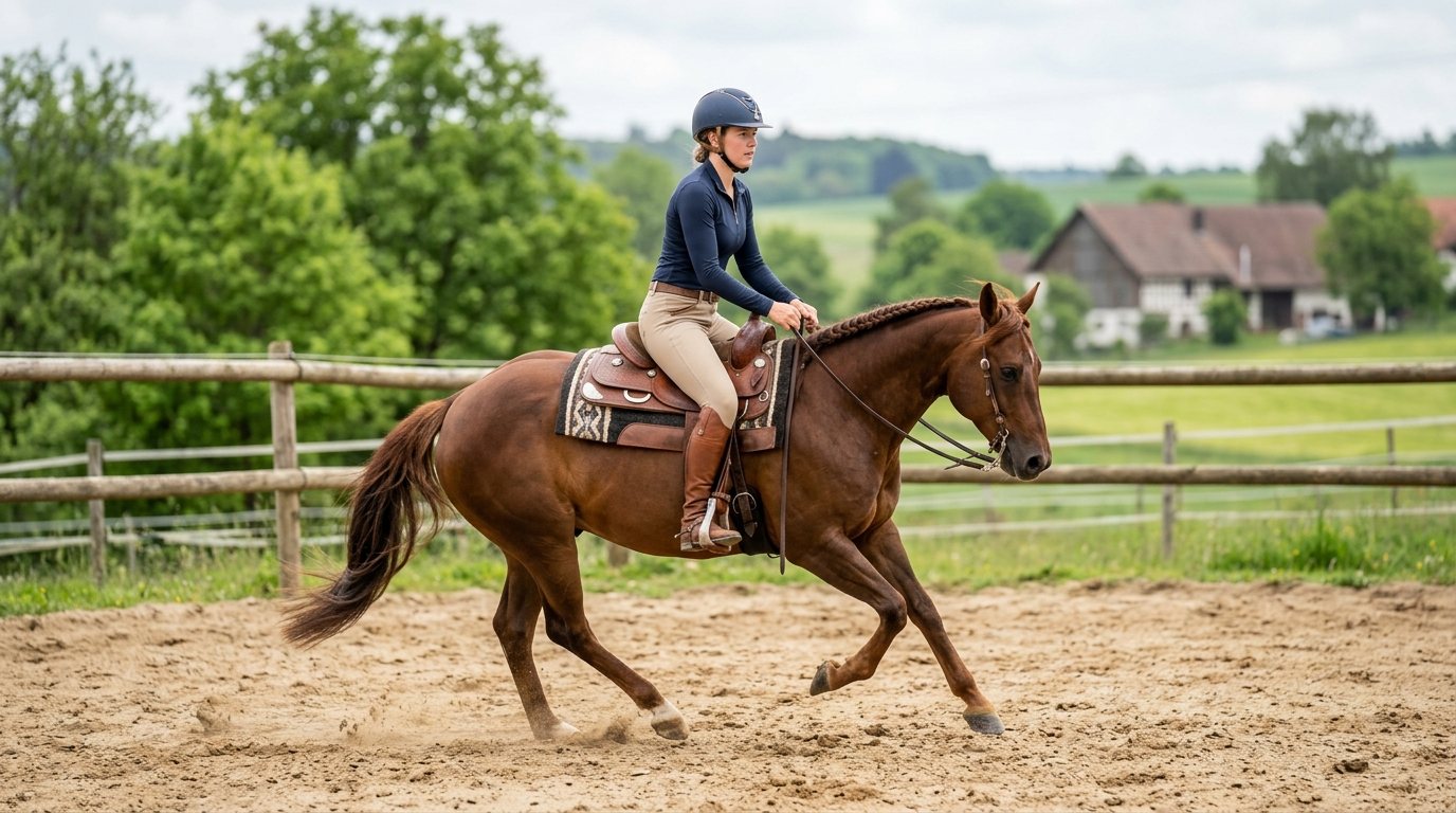 Person beim konzentrierten Western-Reittraining auf einem Sandplatz zur Vorbereitung auf Rodeo-Disziplinen.
