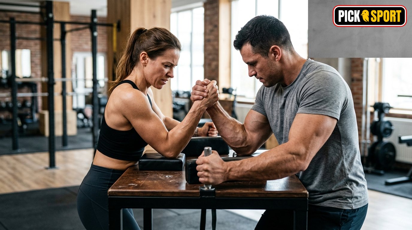 Zwei Sportler beim Armdrücken am Tisch im Fitness-Studio: Fokus auf Technik, Handgelenkstabilität und Krafttraining.