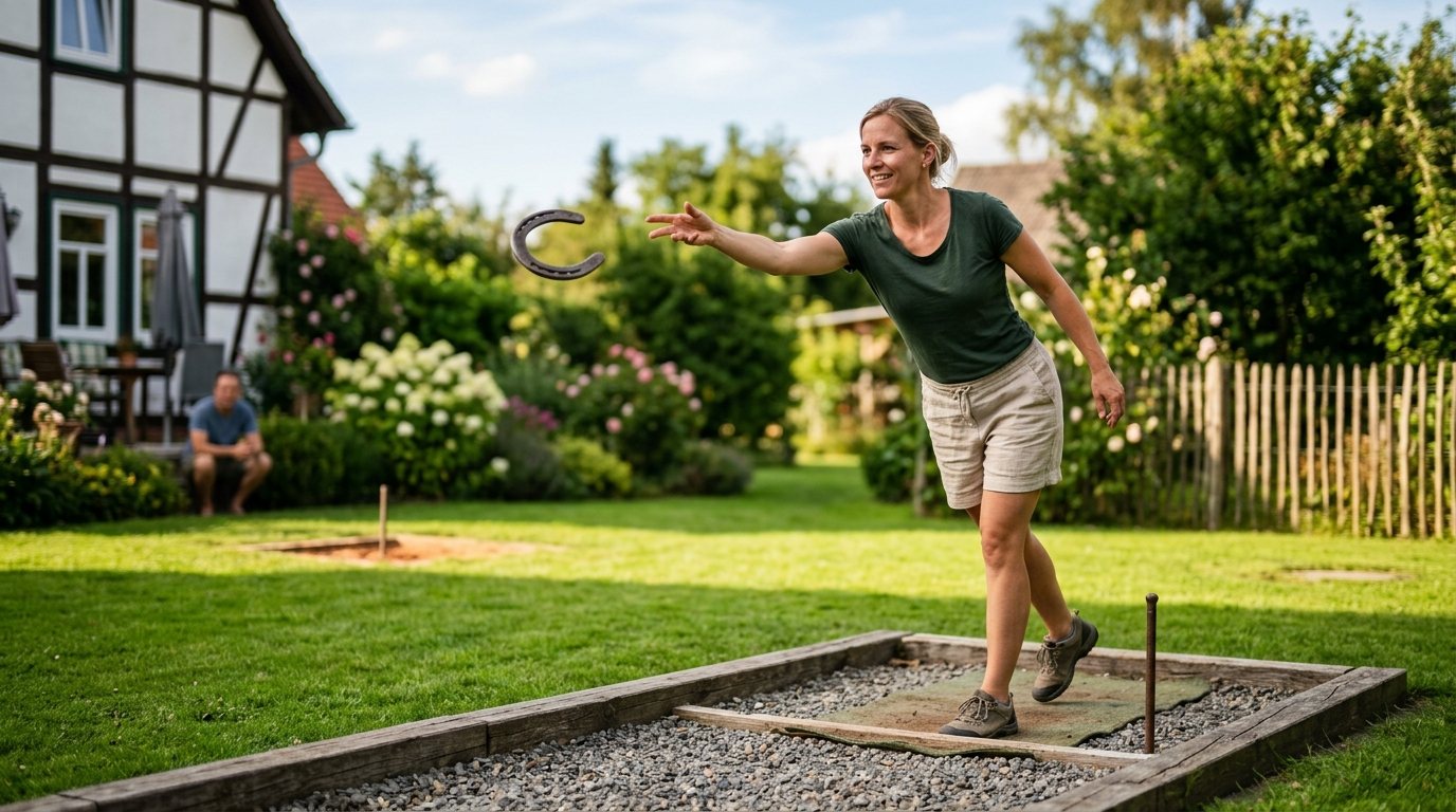 Person beim Hufeisenwerfen im Garten: Fokus auf Technik und Wurfhaltung für präzise Ergebnisse.