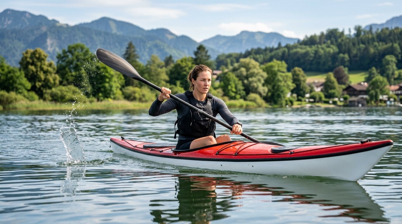 Person beim Kajakfahren auf einem ruhigen See zur Veranschaulichung der korrekten Paddeltechnik.
