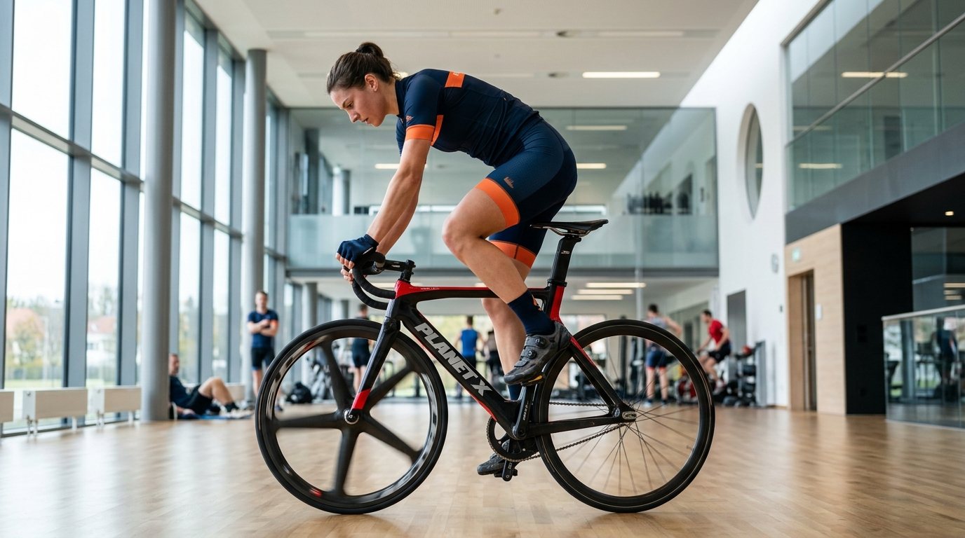 Sportler beim Kunstradfahren in einer modernen Sporthalle bei der Konzentration auf eine Balance-Figur.