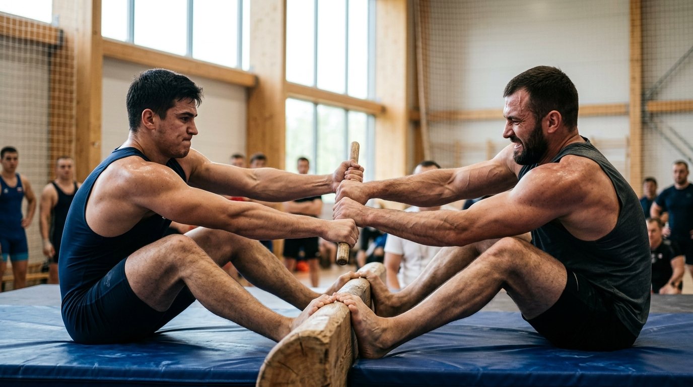 Zwei Athleten beim Mas-Wrestling-Training in einer Sporthalle: Konzentrierter Kräftevergleich am Holzstock.