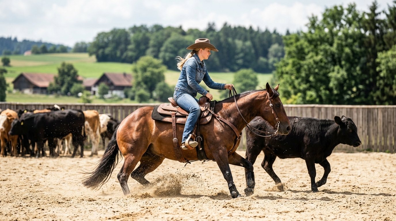 Westernreiter bei der Cutting-Trainingseinheit auf einem Sandplatz, Fokus auf die Technik und Interaktion mit dem Rind
