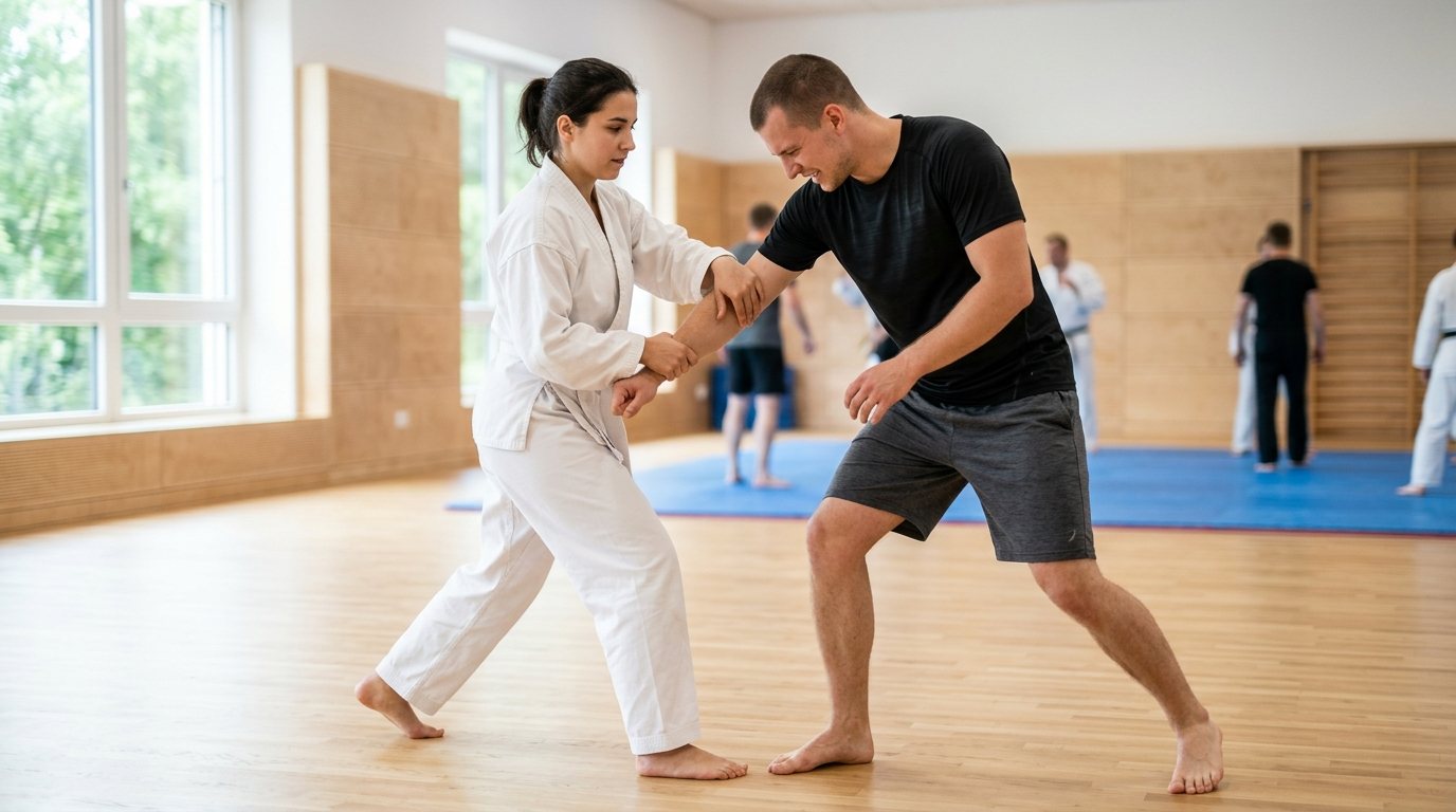 Hapkido Training: Zwei Personen üben eine kontrollierte Hebeltechnik in einem modernen Dojo.